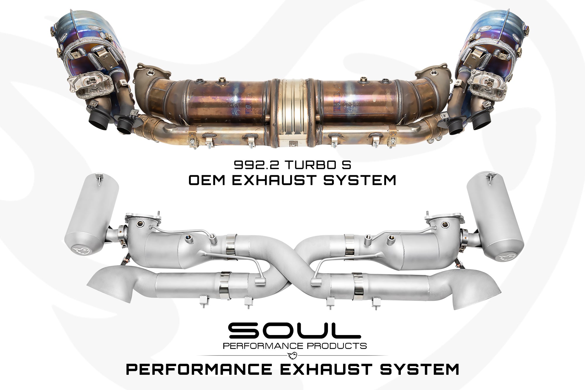 Soul 992.2 Turbo S performance exhaust system: OEM exhaust beside the SOUL performance exhaust