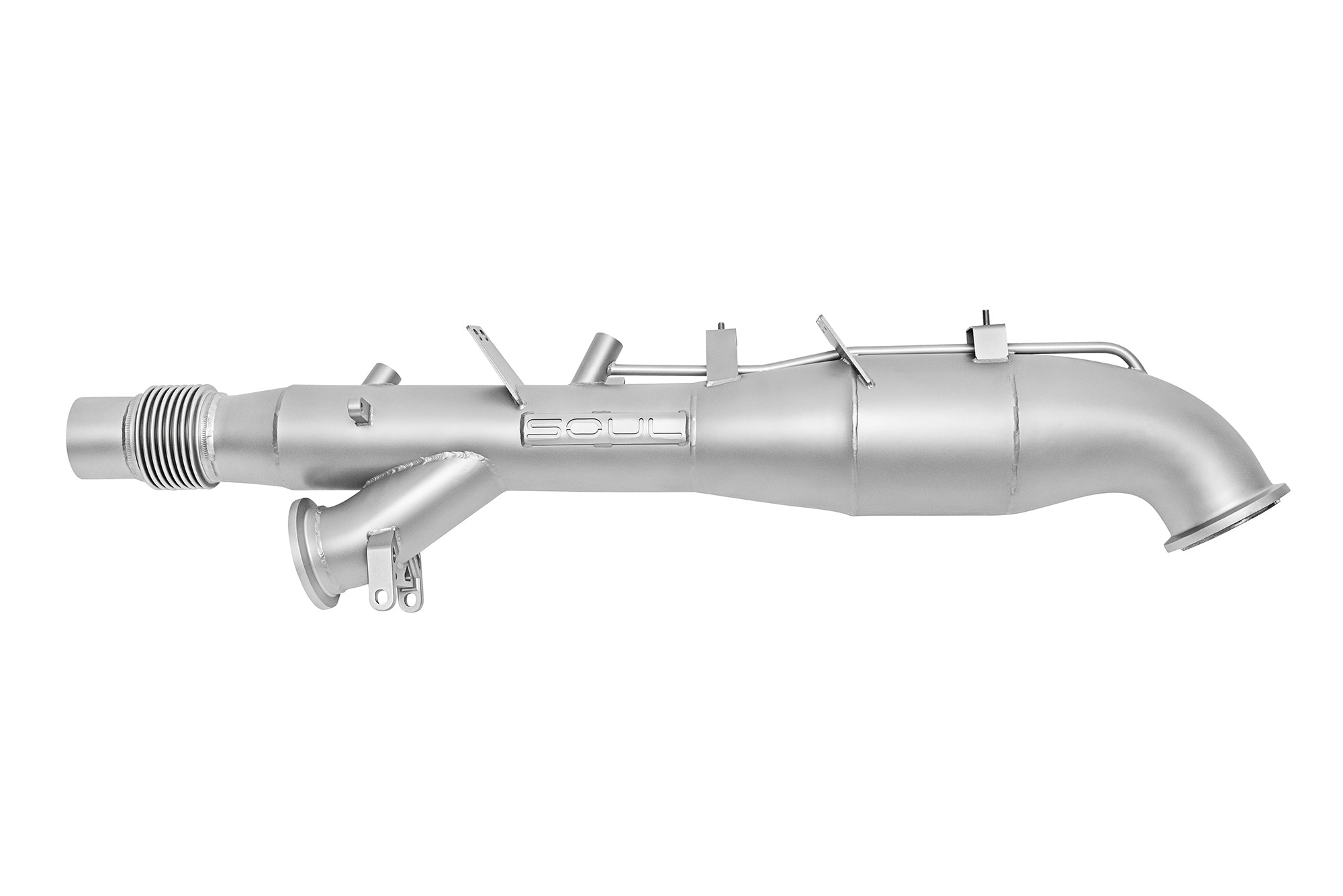 Soul 992.2 Carrera GTS catted / catless downpipes: 992.2 GTS sport cat downpipe, side view