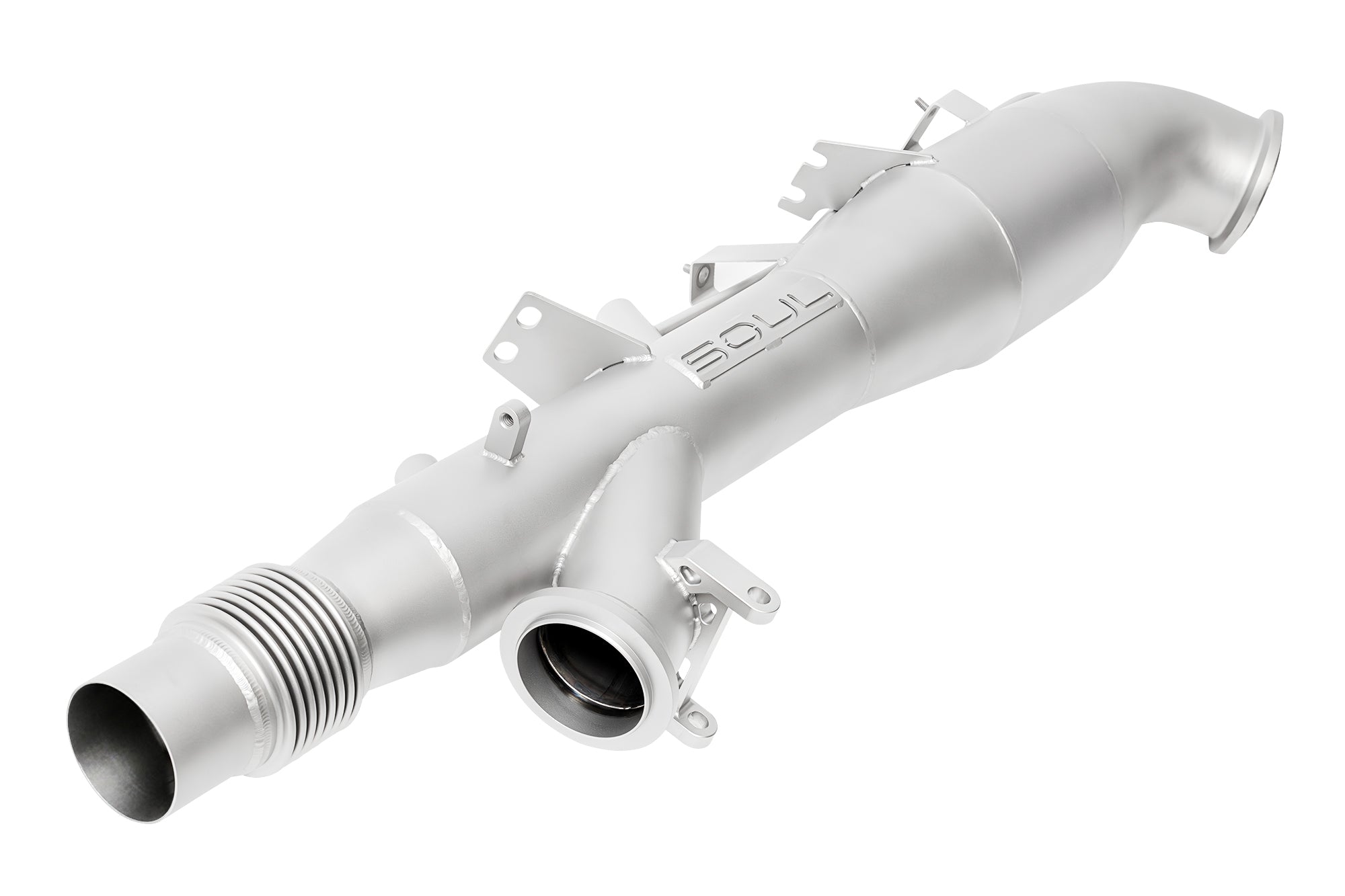 Soul 992.2 Carrera GTS catted / catless downpipes: sport cat downpipe, angled view
