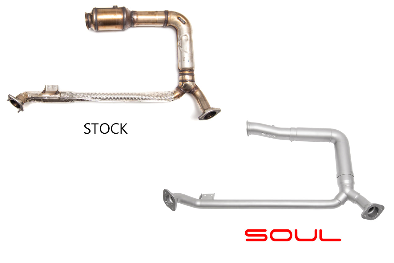 718 Boxster / Cayman catted / catless downpipes: SOUL competition downpipe beside the stock part