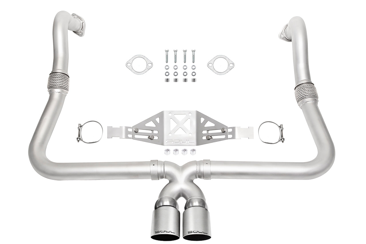 718 Boxster / Cayman performance exhaust system: performance exhaust with mounting hardware laid out
