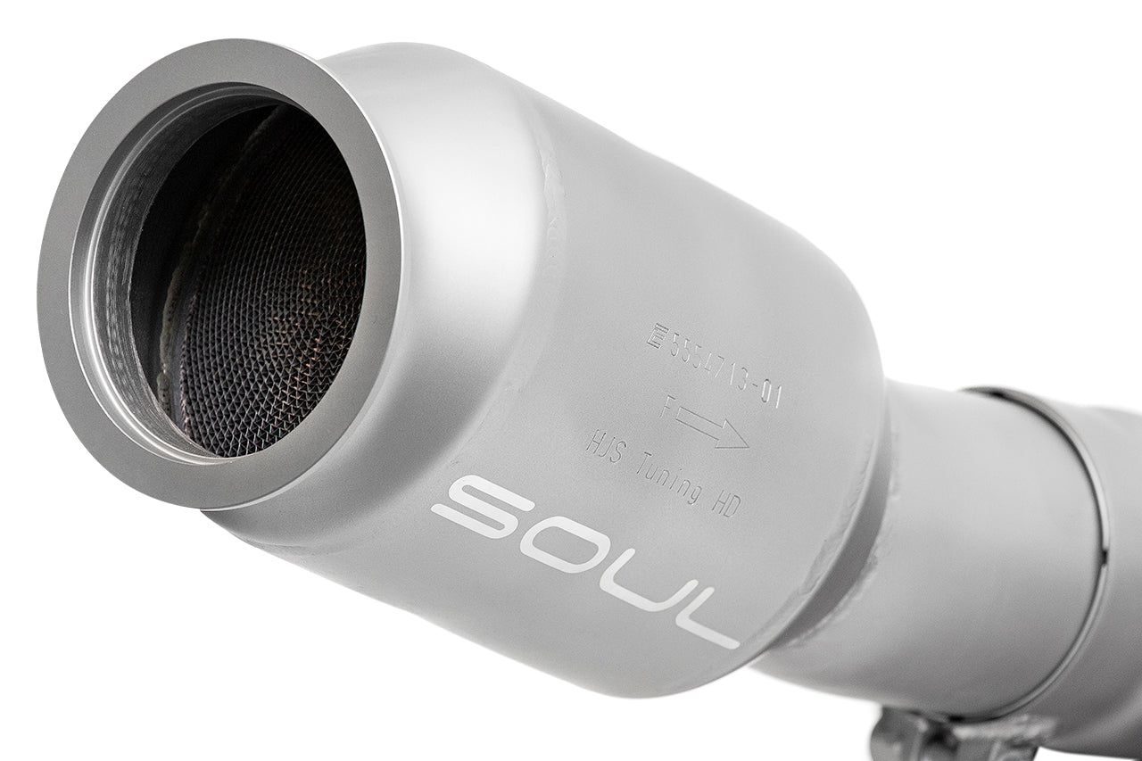 Soul 718 Boxster / Cayman competition downpipe conversion kits: close-up of the resonator can