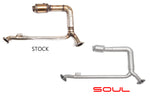 Soul 718 Boxster / Cayman catted / catless downpipes: SOUL catted downpipe beside the stock part