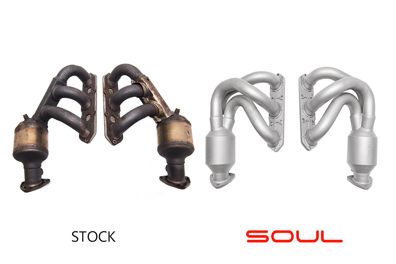 987.1 Boxster / Cayman long tube street headers: stock headers beside the SOUL long-tube headers