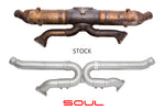 Soul 993 Carrera cat bypass x-pipe: stock cat assembly above the SOUL cat bypass X-pipe