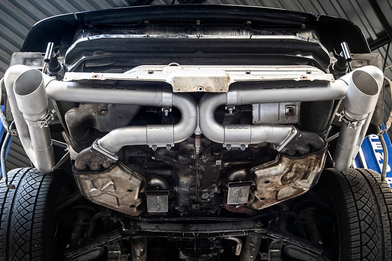 Soul 993 Carrera competition muffler bypass exhaust: bypass installed, rear view from below