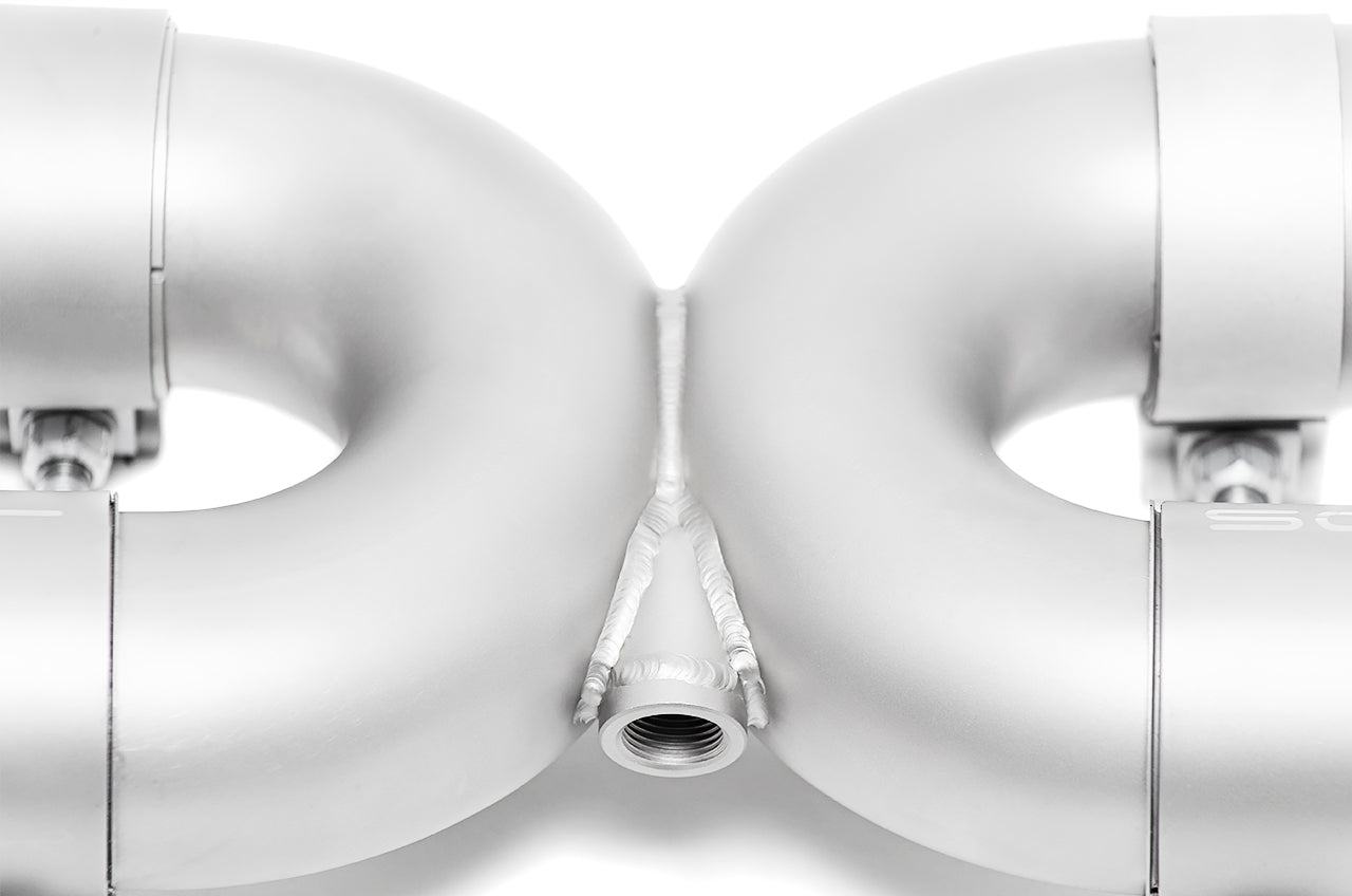 Soul 993 Carrera sport cat muffler bypass exhaust: close-up of the crossover loops