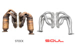 997.2 Carrera long tube competition headers: stock manifolds beside the SOUL competition headers