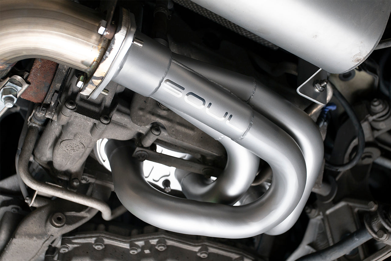 Soul 997.2 Carrera long tube competition headers: competition headers installed, view from below