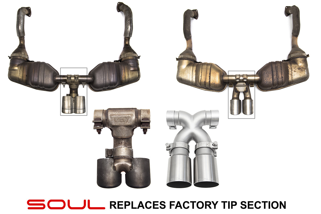 Soul 987.1 Boxster / Cayman bolt-on x-pipe with tips: stock tip section beside the SOUL X-pipe