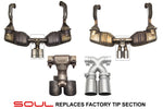 Soul 987.1 Boxster / Cayman bolt-on x-pipe with tips: stock tip section beside the SOUL X-pipe