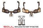 Soul 718 Boxster / Cayman bolt-on x-pipe with tips: stock tip section beside the SOUL X-pipe
