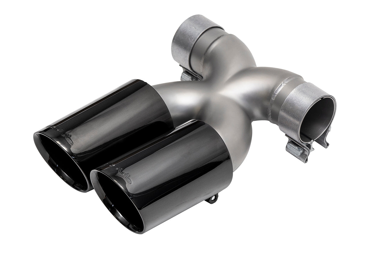 Soul 718 Boxster / Cayman bolt-on x-pipe with tips: X-pipe with black tips, angled view