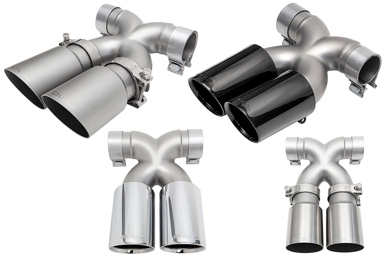 Soul 987.1 Boxster / Cayman bolt-on x-pipe with tips: bolt-on X-pipe in black and satin tip finishes