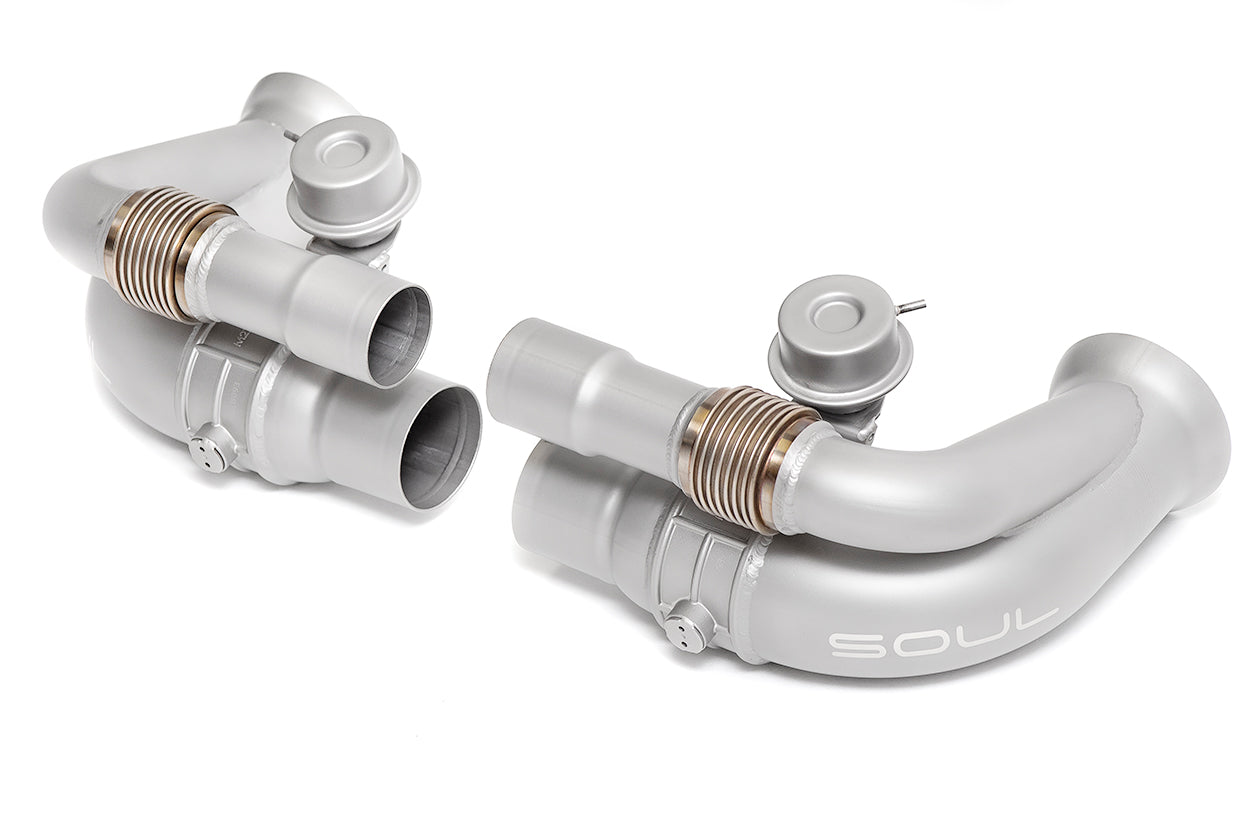 Soul 997 GT3 / GT3 RS valved side muffler bypass pipes: valved bypass pipes, angled view