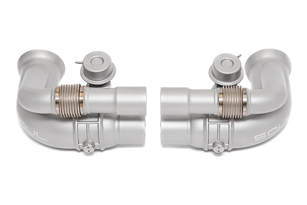 Soul 997 GT3 / GT3 RS valved side muffler bypass pipes: valved bypass pipes, side view