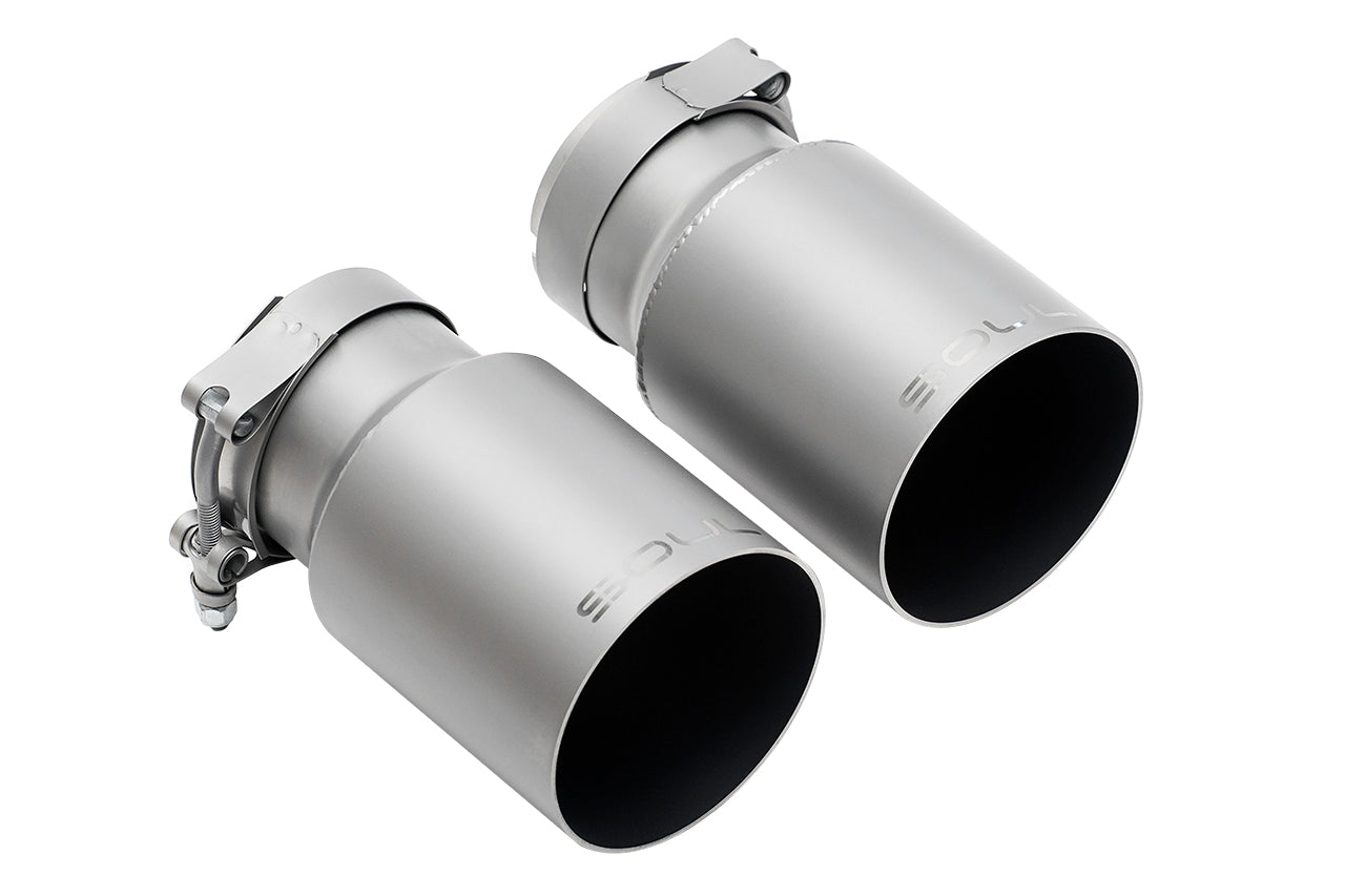 Soul 986 Boxster street exhaust package: pair of satin straight-cut tips, three-quarter view