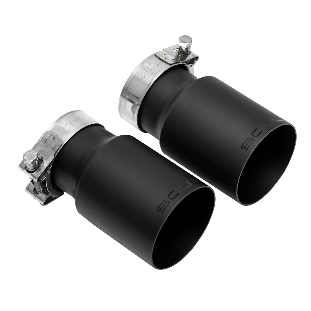Soul 718 Boxster / Cayman competition package: pair of black tips with clamps, close view