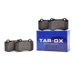 A front view of Rear TAROX Brake Pads (Strada) and its blue box with Tarox Logo that it comes in on a white background