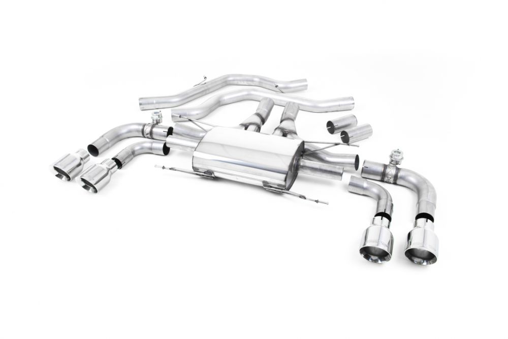Milltek Sport exhaust system parts for 2017+ Alfa Romeo Giulia Quadrifoglio 2.9 V6 Bi-Turbo (part SSXAR001): pipework, silencers and polished silver tailpipe tips