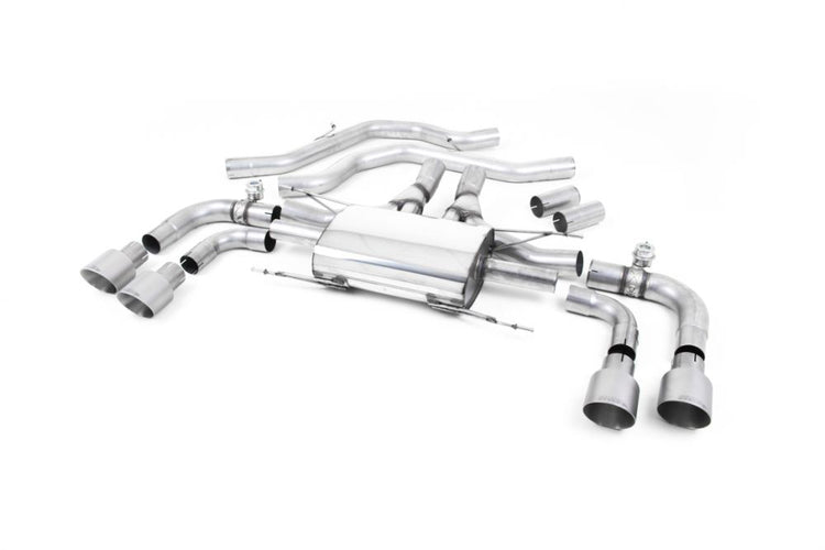 A front view of Milltek Valved Front Pipe Back System Alfa Romeo Giulia 2017+ with white background