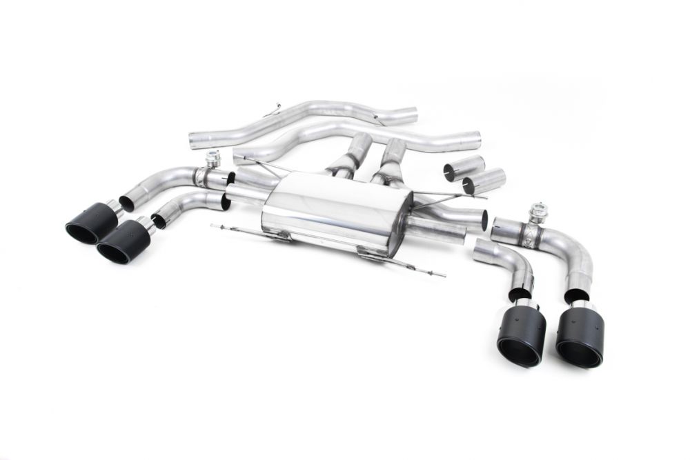 Milltek Sport exhaust system parts for 2017+ Alfa Romeo Giulia Quadrifoglio 2.9 V6 Bi-Turbo (part SSXAR005): pipework, silencers and black tailpipe tips