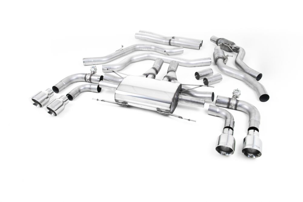 Milltek Sport exhaust system parts for 2017+ Alfa Romeo Giulia Quadrifoglio 2.9 V6 Bi-Turbo (part SSXAR006): pipework, silencers and polished silver tailpipe tips