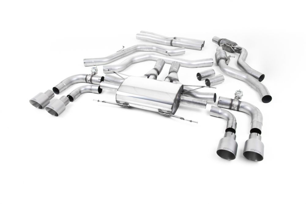 Milltek Sport exhaust system parts for 2017+ Alfa Romeo Giulia Quadrifoglio 2.9 V6 Bi-Turbo (part SSXAR008): pipework, silencers and polished silver tailpipe tips