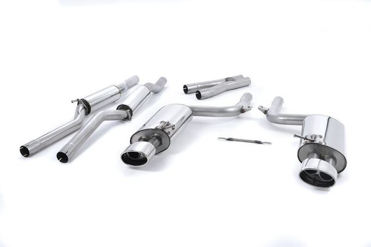 A front view of Milltek Non-Valved & Resonated Cat-Back Exhaust System Polished Oval Tips for Audi RS4 B7 2006-2008 with white background