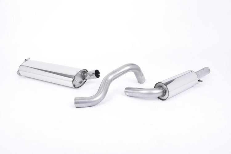 A front view of Milltek Resonated (Quieter) Cat-Back Exhaust System OE Tips Audi A3 8L 1.9 TDI 1996-2003 with white background