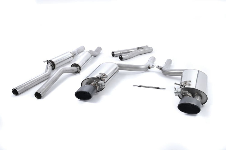 A front view of Milltek Valved & Resonated Cat-Back Exhaust System Cerakote Black Tips for Audi RS4 B7 2006-2008 with white background