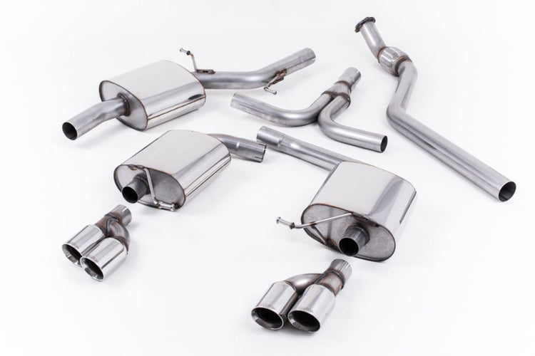 A front view of Milltek Cat-back Exhaust System for Audi A5 B8 Coupe 2.0 TFSI 2WD 2008-2012 | Tiptronic Models with white background