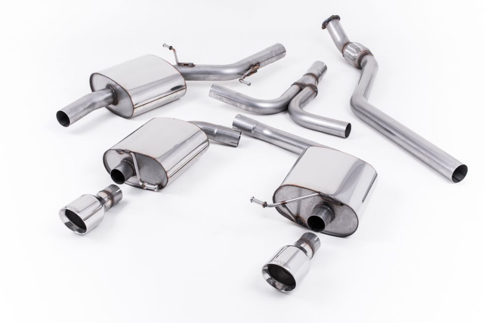 Milltek Sport exhaust system parts for 2008-2012 Audi A5 Coupé S line 2.0 TFSI 2WD and quattro (part SSXAU243): pipework, silencers and black tailpipe tips