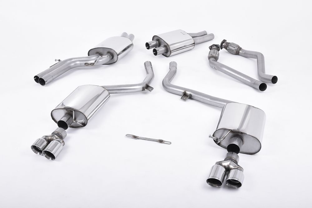 Milltek Sport exhaust system parts for 2009-2011 Audi S5 3.0 TFSI B8 Coupé & Cabriolet (part SSXAU256): pipework, silencers and black tailpipe tips