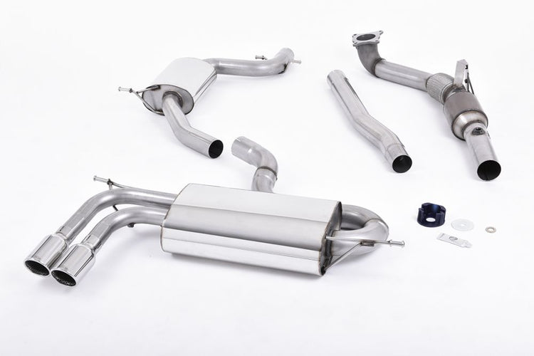 A front view of Milltek Turbo-Back Exhaust System w/ Hi-Flow Sports Catalyst Polished Tips for Audi A3 8P 2003-2012 with white background