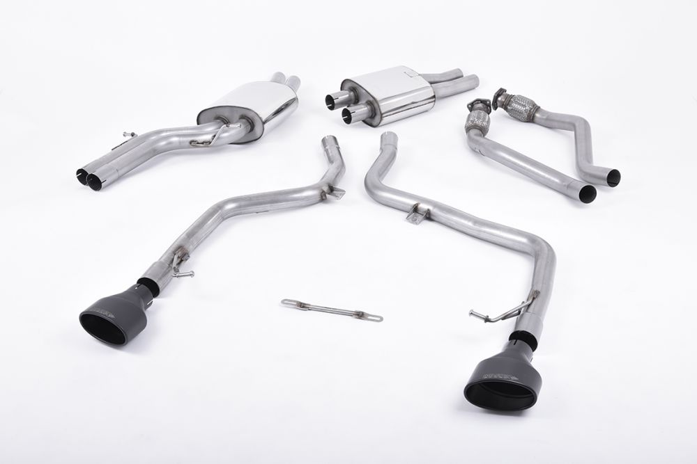Milltek Sport exhaust system parts for 2009-2011 Audi S5 3.0 TFSI B8 Coupé & Cabriolet (part SSXAU264): pipework, silencers and black tailpipe tips