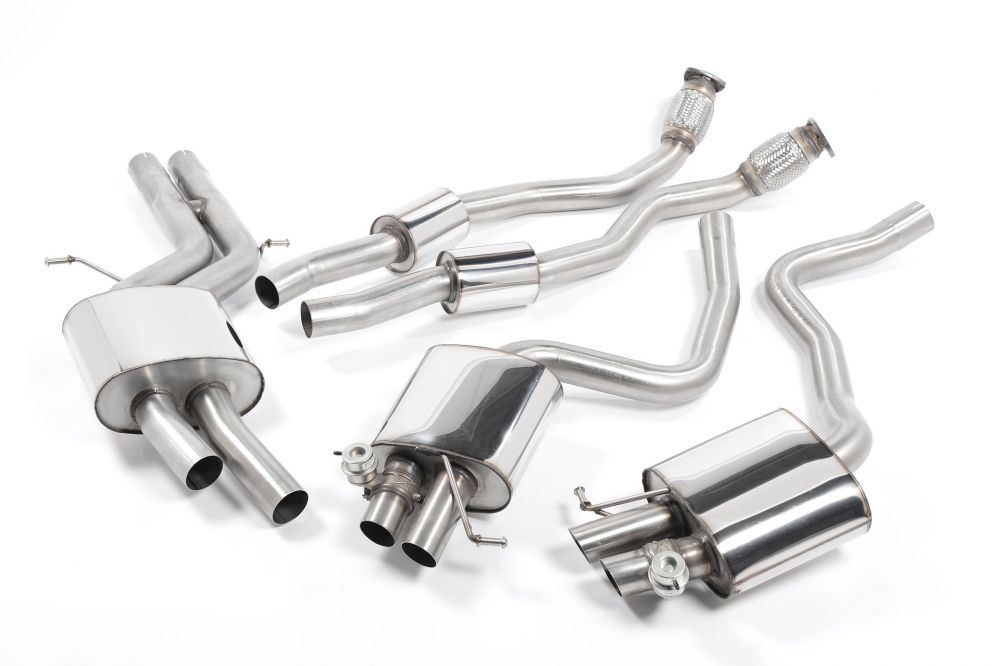 Milltek Sport exhaust system parts for 2010-2015 Audi RS5 B8 Coupé (part SSXAU267): pipework, silencers and black tailpipe tips