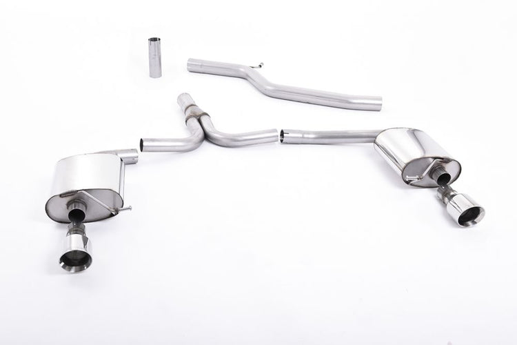 A front view of Milltek Cat-back Exhaust System for Audi A4 B8 3.0 TDi Quattro Saloon & Avant 2008-2016 with white background