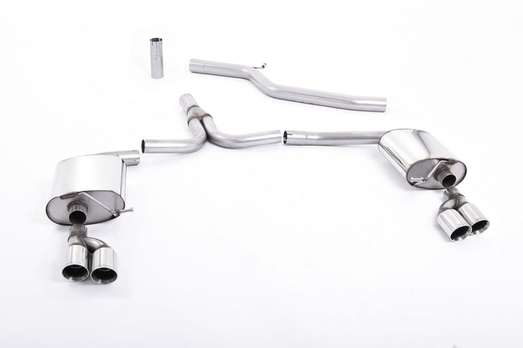 A front view of Milltek Non-Resonated Cat-back Exhaust System for Audi A5 B8 Sportback 3.0 TDI Quattro 2007-2016 with white background