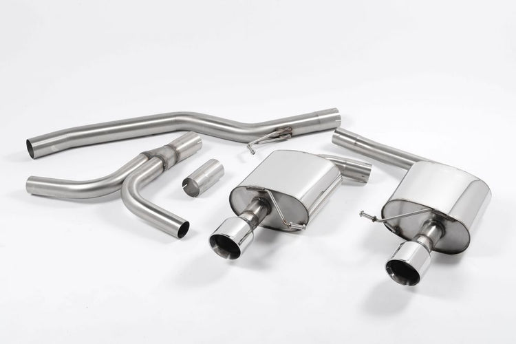 A front view of Milltek Cat-back Exhaust System for Audi A5 B8 Coupe | Cabriolet 3.0 TDi (DPF) 2007-2012 | OE Valance with white background