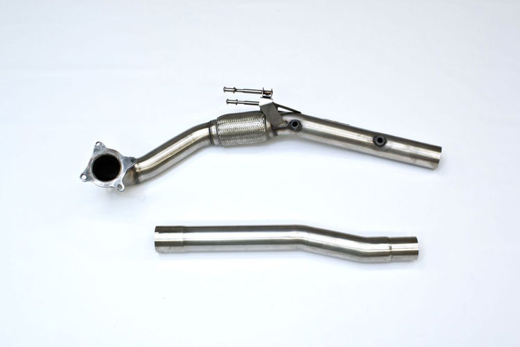 A top view of Milltek Large Bore Downpipe w/ Catalyst Delete Pipe Audi A3 8P 2003-2012 with white background