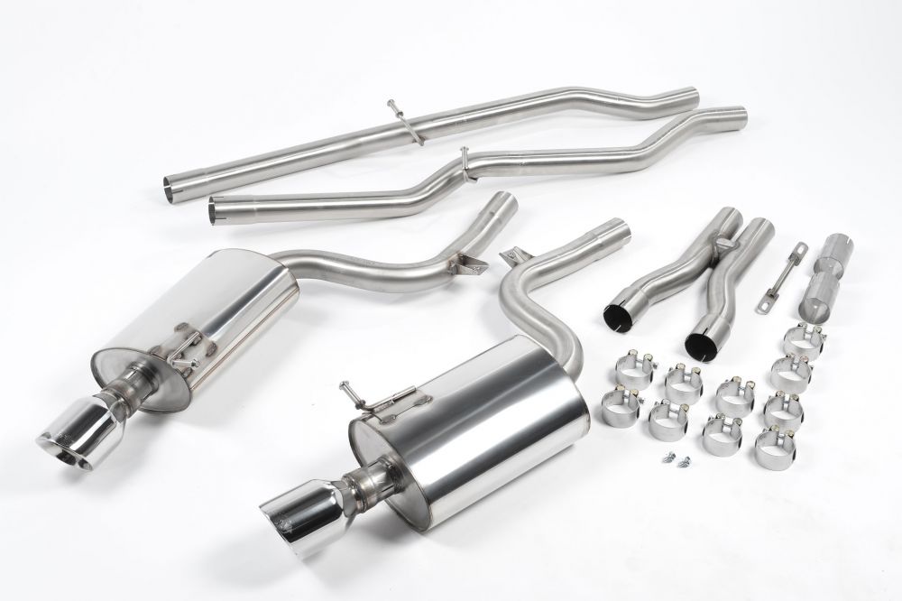 Milltek Sport exhaust system parts for 2003-2005 Audi S4 4.2 V8 quattro B6 Saloon/Sedan, Avant, & Cabriolet (part SSXAU295): pipework, silencers and polished silver tailpipe tips