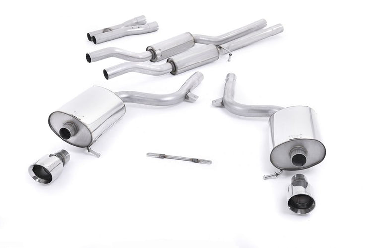 A front view of Milltek Resonated Cat-back Exhaust System for Audi A4 B6 3.0 V6 Quattro 2001-2006 with white background