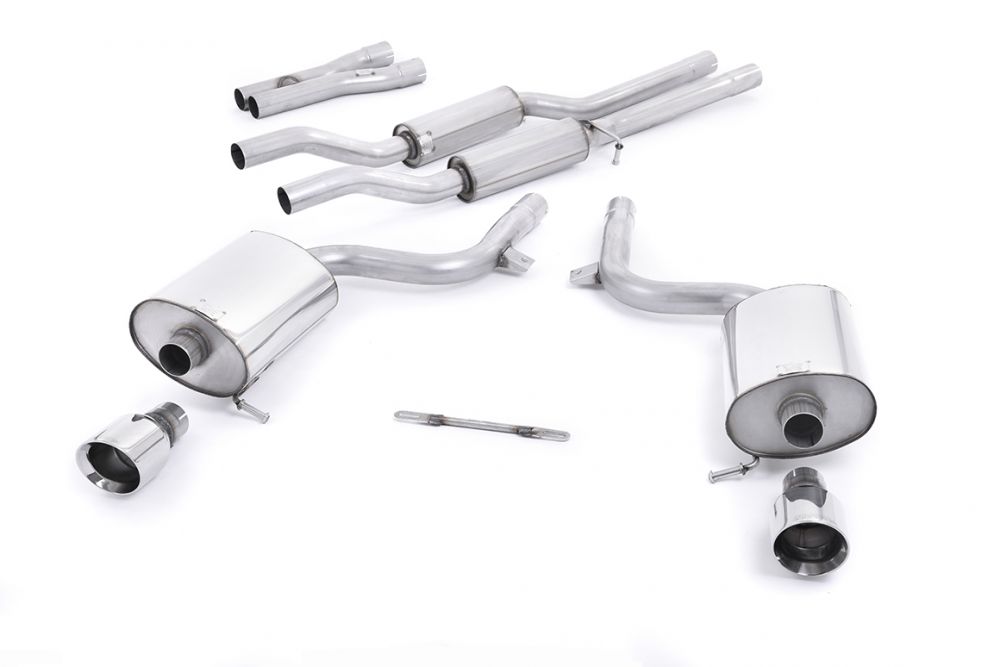 Milltek Sport exhaust system parts for 2003-2005 Audi S4 4.2 V8 quattro B6 Saloon/Sedan, Avant, & Cabriolet (part SSXAU296): pipework, silencers and polished silver tailpipe tips (photo 2)