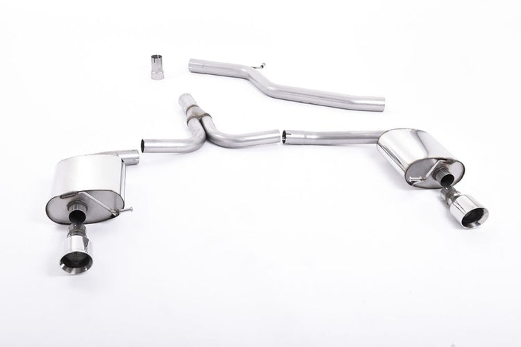 A front view of Milltek Non-Resonated Cat-back Exhaust System for Audi A4 B8 2.0 TDI 2WD (S-Line models only) 2008-2016 with white background