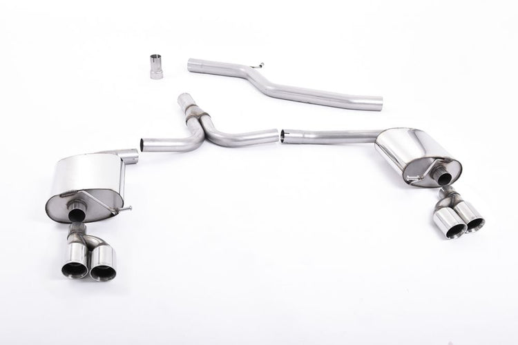 A front view of Milltek Cat-back Exhaust System for Audi A4 B8 2.0 TDI 2WD (S-Line models only) 2008-2016 with white background