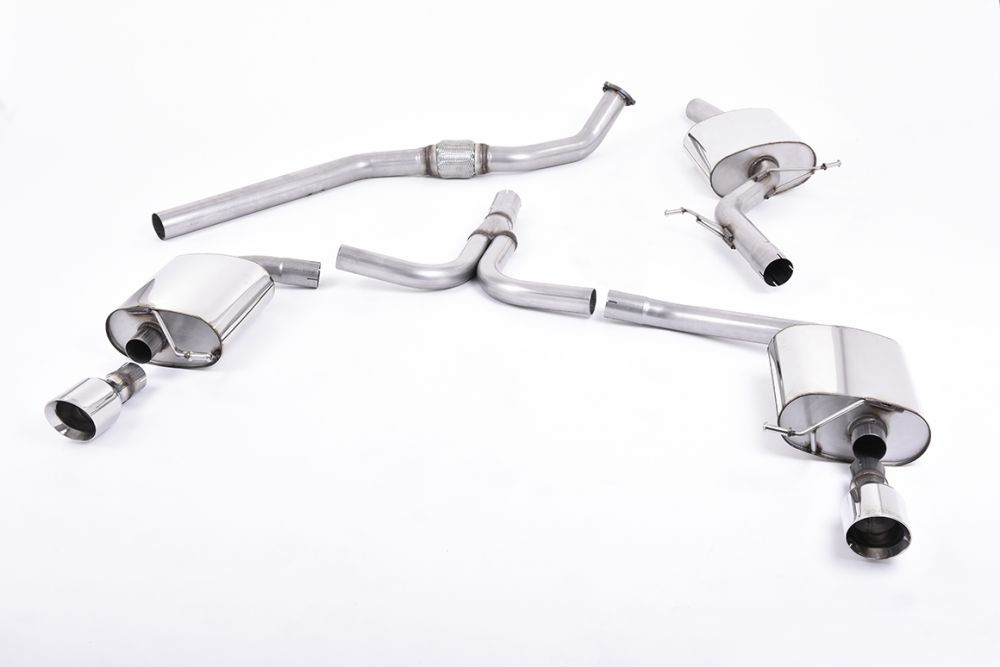 Milltek Sport exhaust system parts for 2008-2011 Audi A4 2.0 TFSI S line B8 Saloon & Avant (part SSXAU302): pipework, silencers and polished silver tailpipe tips