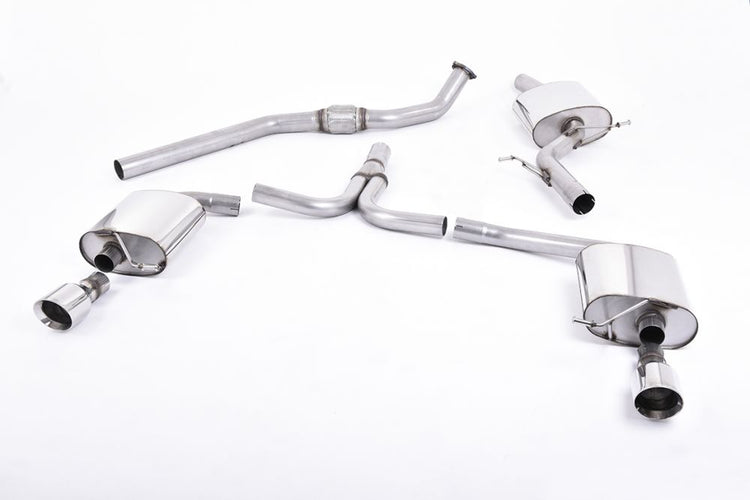 A front view of Milltek Cat-back Exhaust System for Audi A4 B8 2.0 TFSI 2WD & Quattro 2008-2016 | Tiptronic Models with white background