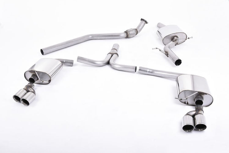 A front view of Milltek Cat-back Exhaust System for Audi A4 B8 2.0 TFSI 2WD & Quattro 2008-2016 | Tiptronic Models with white background