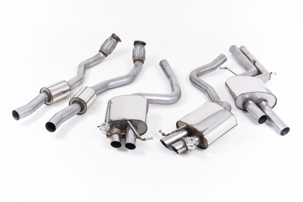 Milltek Sport exhaust system parts for 2012-2015 Audi RS4 B8 4.2 FSI quattro Avant (part SSXAU336): pipework, silencers and black tailpipe tips